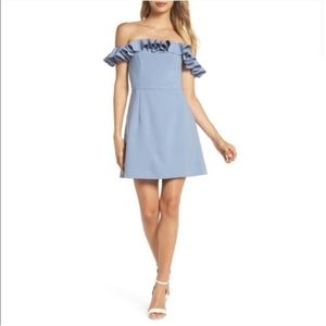 French Connection Size 6 Blue Gray Ruffle Off the Shoulder Dress